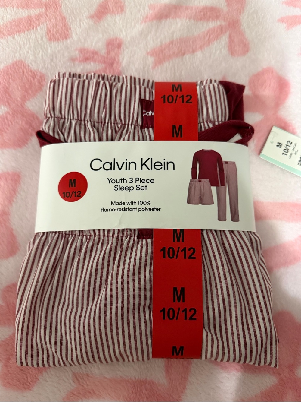 Calvin Klein Burgundy and White Stripe Kids 3-Piece Pajama Set